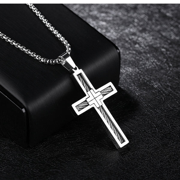 Cross Pendant Necklace with Cable Inlay view 6