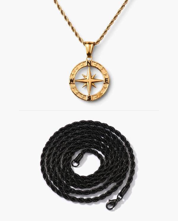Marco Maveri Compass Pendant Rope Chain Necklace, Black / Gold, Hollow Compass Rose + Extra Black Rope Chain