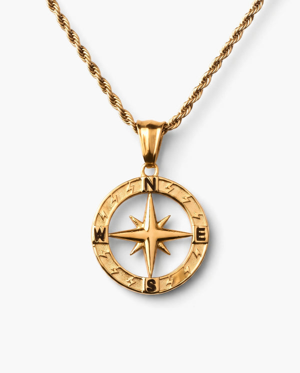 Marco Maveri Compass Pendant Rope Chain Necklace, Gold, Hollow Compass Rose