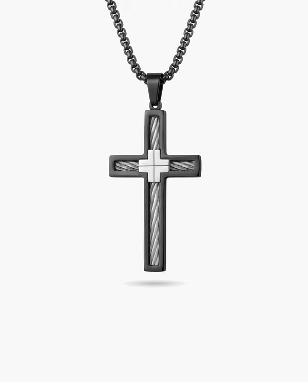 Marco Maveri Cross Pendant Necklace with Cable Inlay, Black / Silver