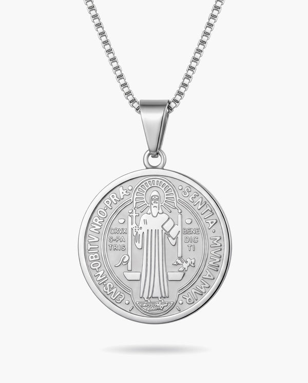 Marco Maveri Saint Benedict Medallion Box Chain Necklace, Silver