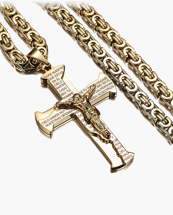 Marco Maveri Titanium Steel Byzantine Chain with Crucifix Pendant, Gold