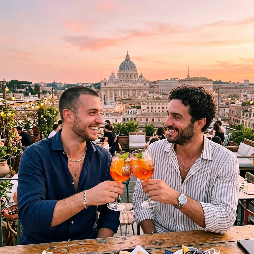 Two friends Aperol rooftop Rome