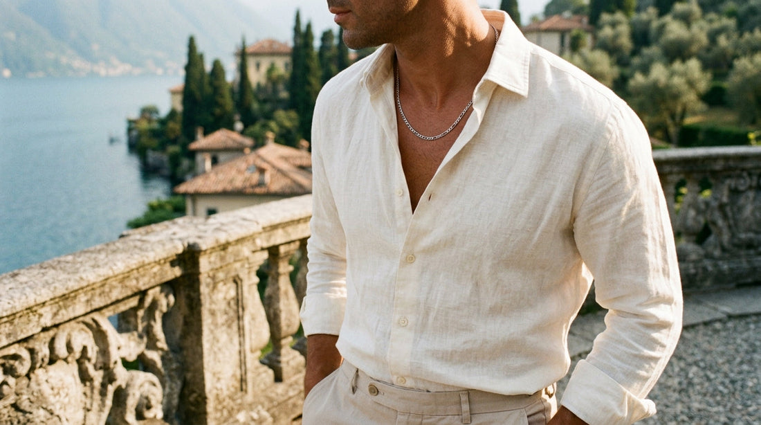 3mm polished steel figaro chain worn with open ivory linen shirt