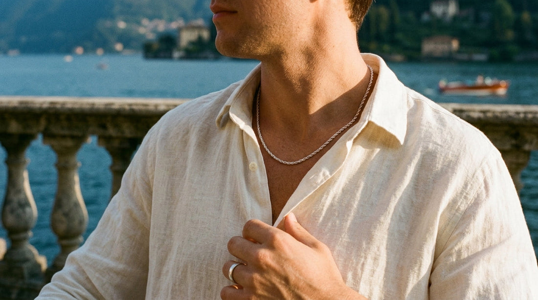 4mm rope chain worn with an open ivory linen shirt at Lake Como