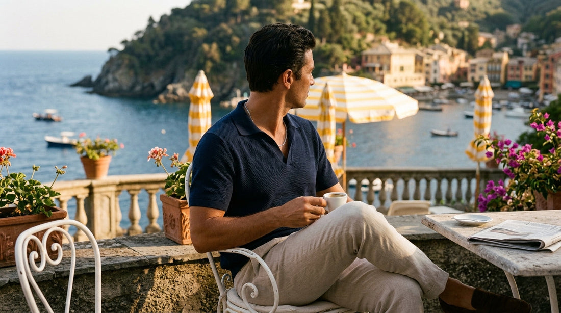 Man wearing navy polo and fine polished steel chain on a terrace