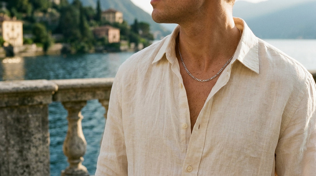 3mm polished steel figaro chain worn with an open ivory linen shirt at Lake Como