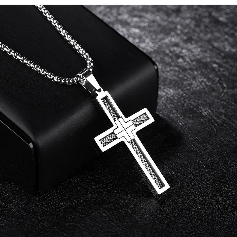 Cross Pendant Necklace with Cable Inlay view 6