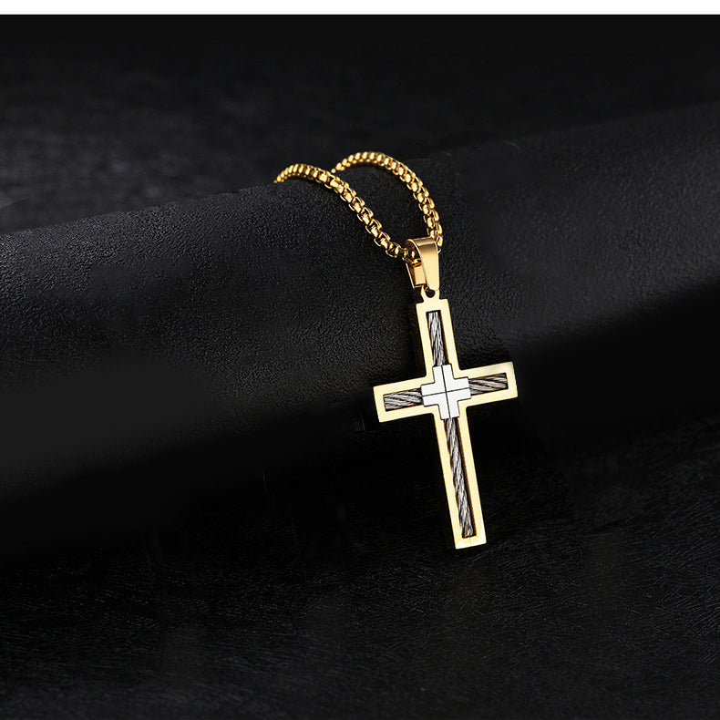 Cross Pendant Necklace with Cable Inlay view 4