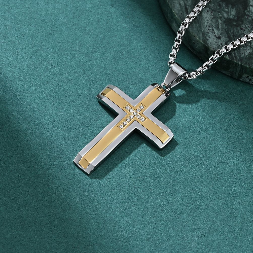 Two-Tone Inlaid Cross Pendant Necklace view 8