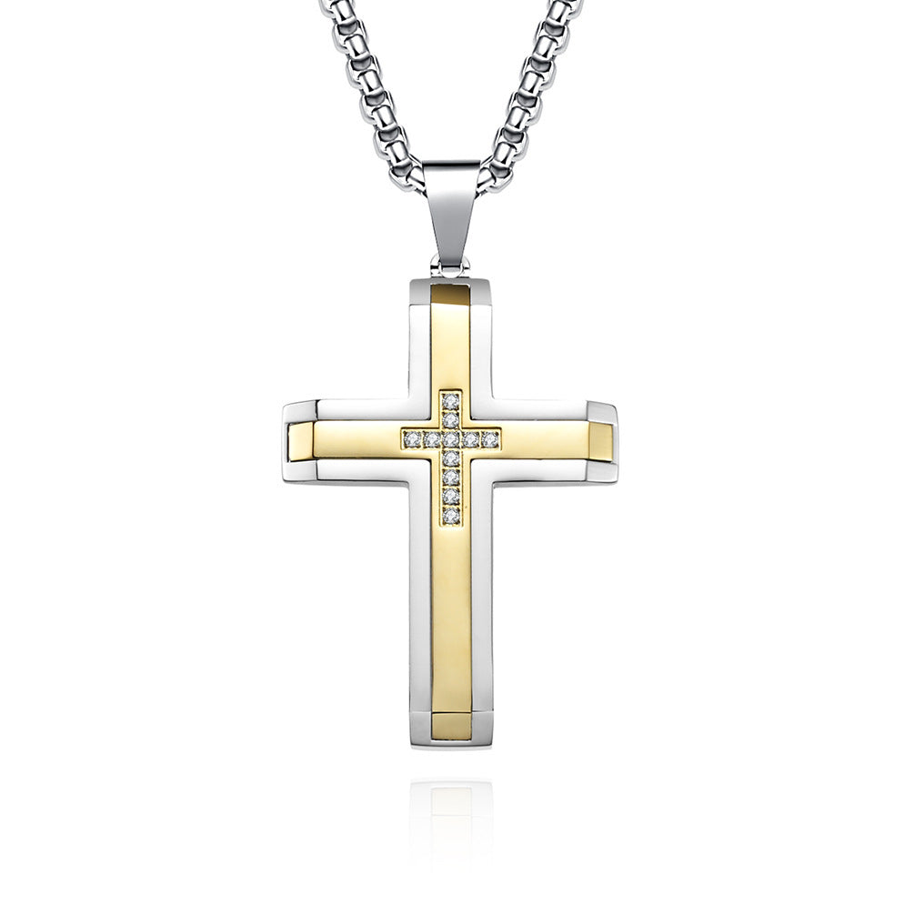 Two-Tone Inlaid Cross Pendant Necklace