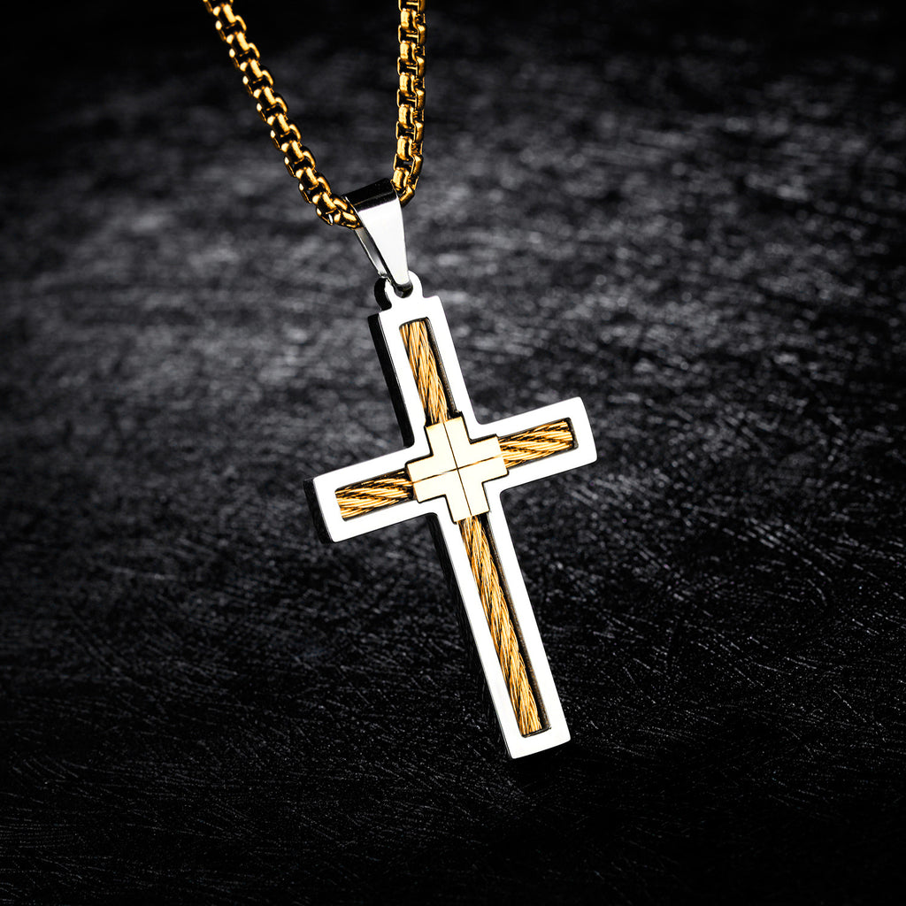 Cross Pendant Necklace with Cable Inlay view 7