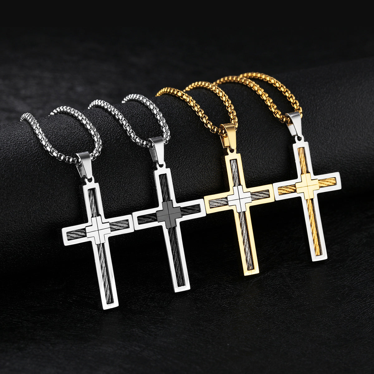 Cross Pendant Necklace with Cable Inlay view 7