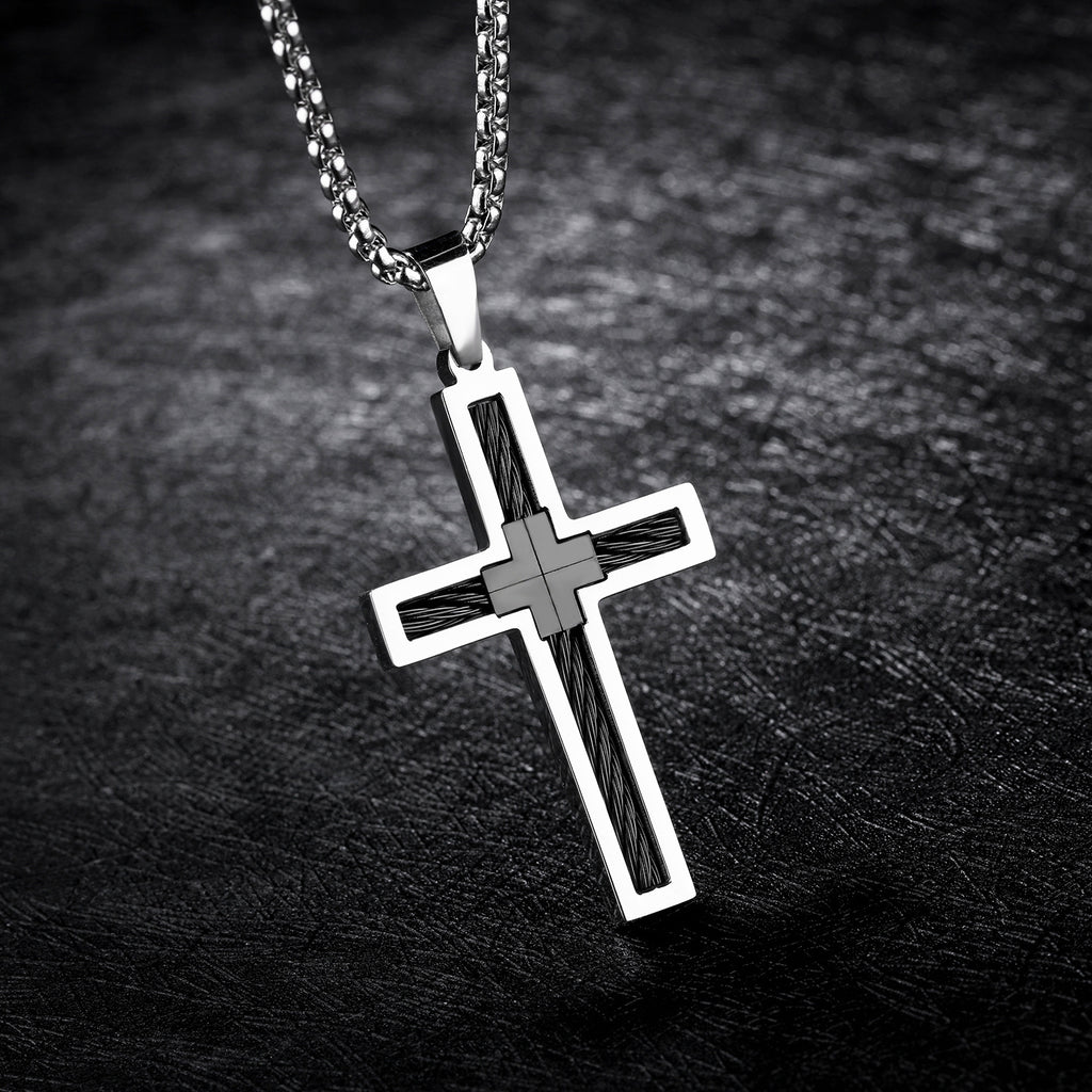 Cross Pendant Necklace with Cable Inlay