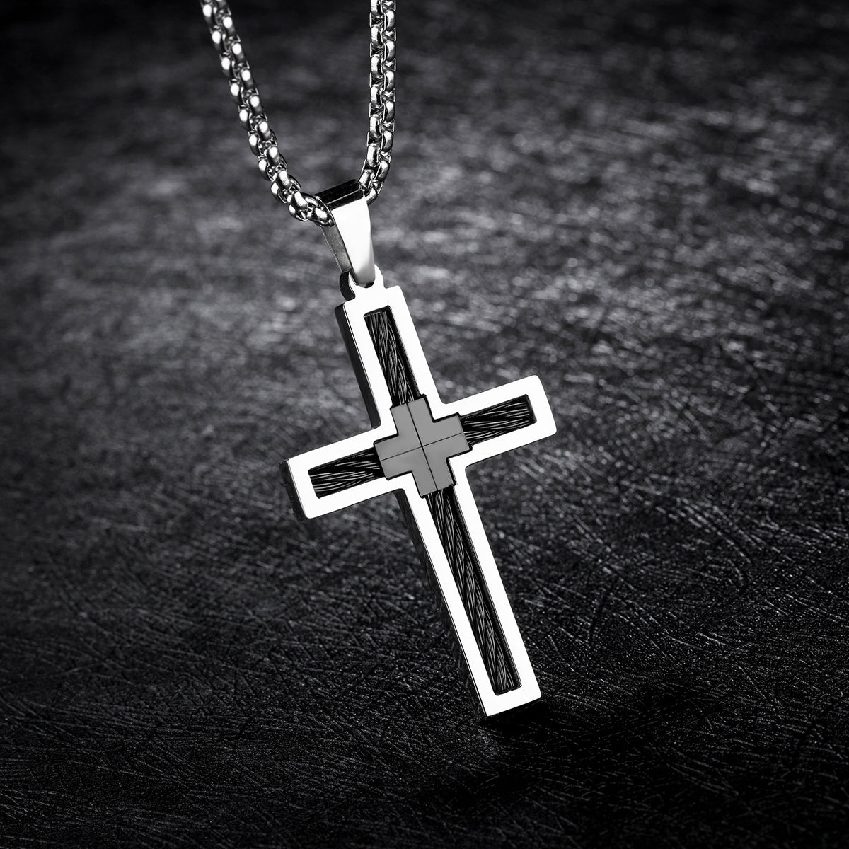 Cross Pendant Necklace with Cable Inlay