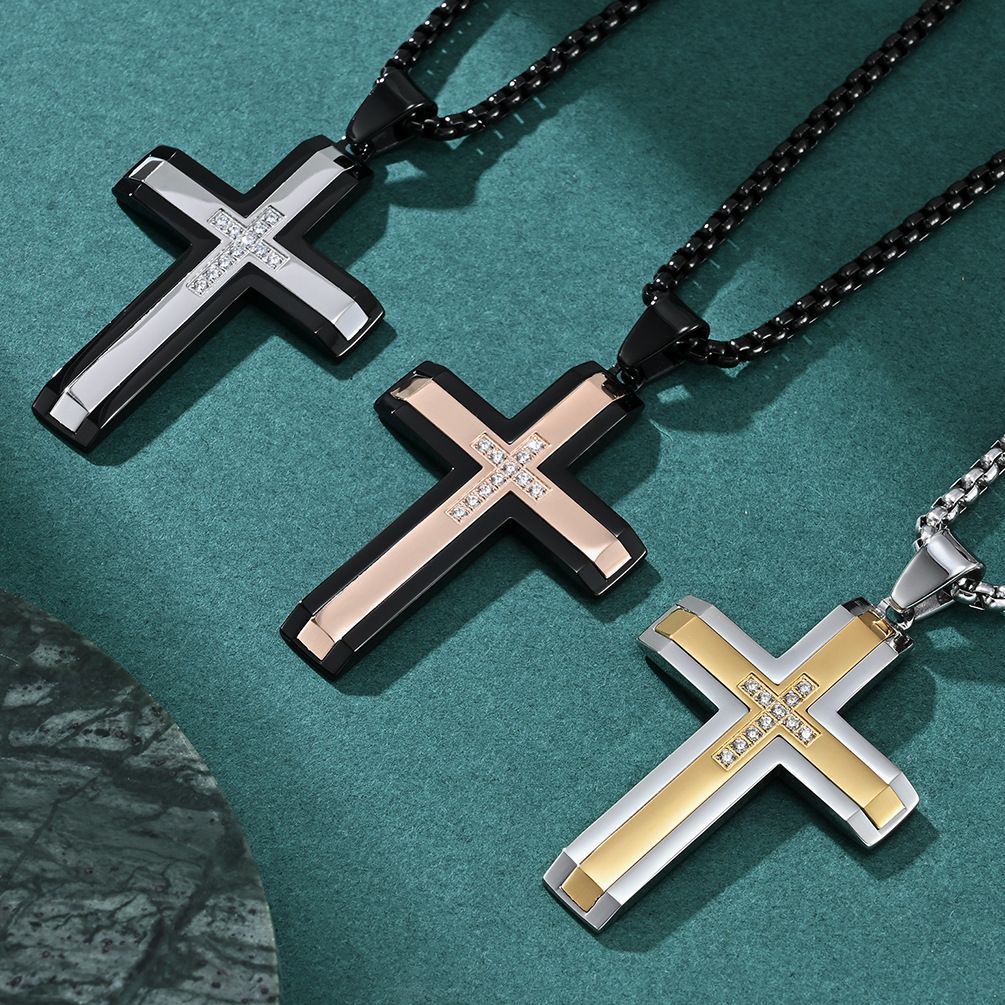Two-Tone Inlaid Cross Pendant Necklace view 11