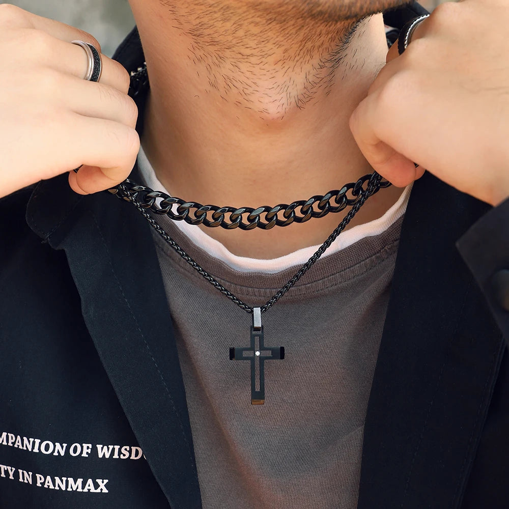 Black Steel Cut-Out Cross Pendant Necklace