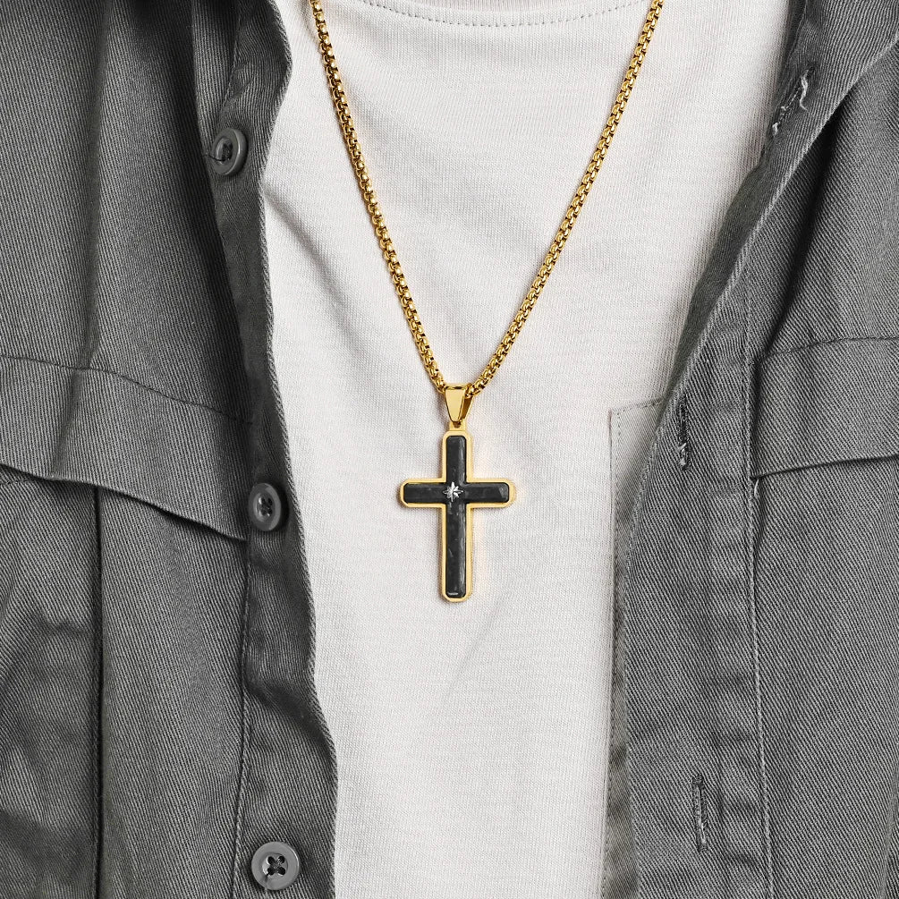 Carbon Fiber & Star Cross Pendant Necklace