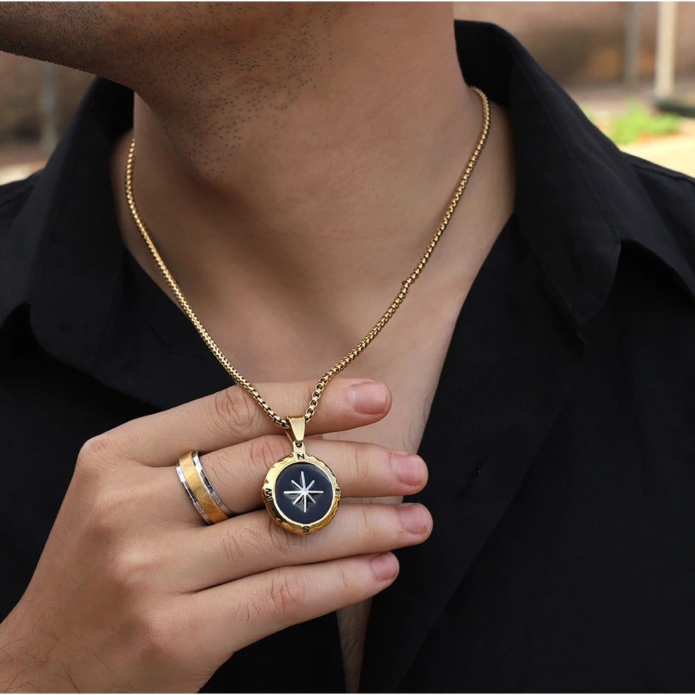18K Gold Plated and Black Compass Pendant Necklace