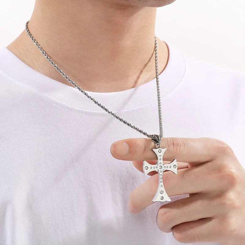 Flared Steel Cross Pendant Necklace with Zircon