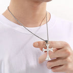 Flared Steel Cross Pendant Necklace with Zircon