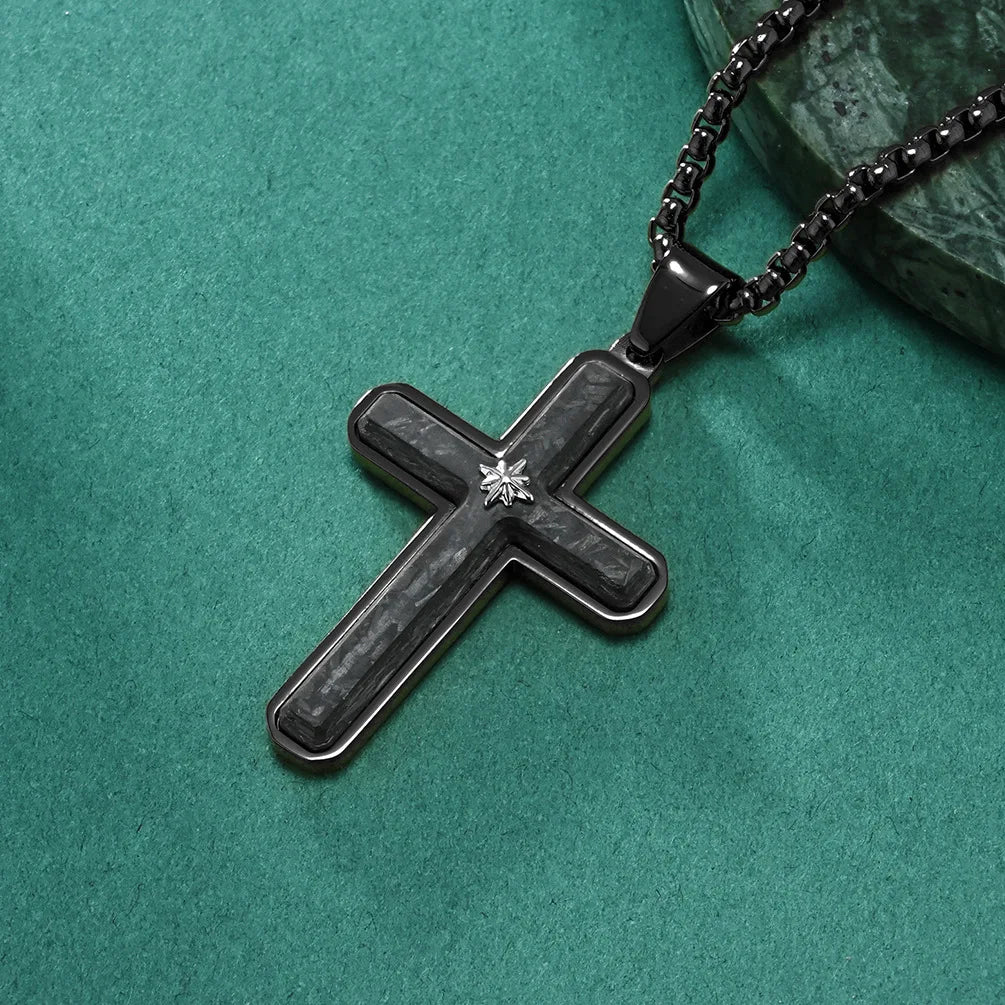 Carbon Fiber & Star Cross Pendant Necklace