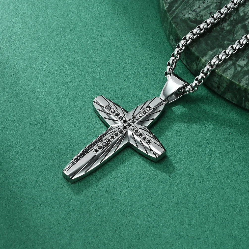 Engraved Arc Cross Zircon Pendant Necklace