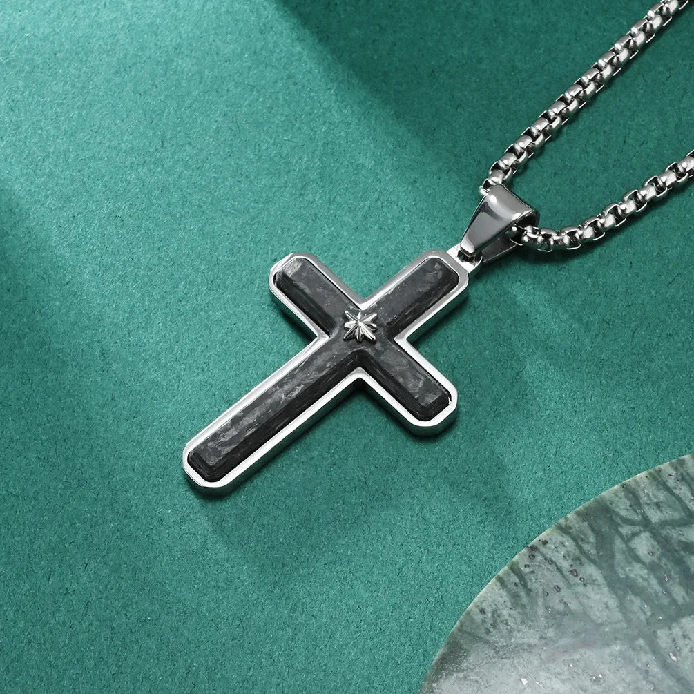 Carbon Fiber & Star Cross Pendant Necklace