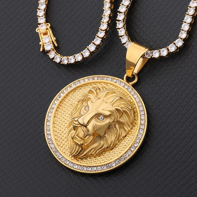 Gold Lion Pendant Tennis Necklace