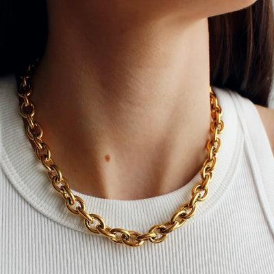 Chunky Gold Link Choker Necklace in Steel