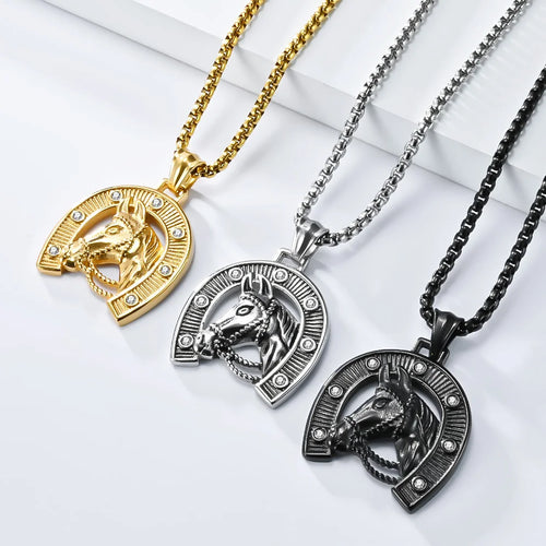 Steel Horseshoe Pendant Necklace with Zircon