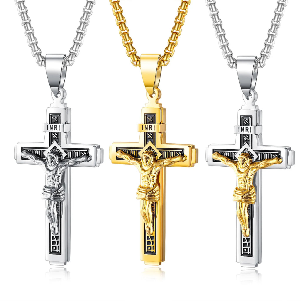 Two-Tone Crucifix Pendant Necklace in Steel