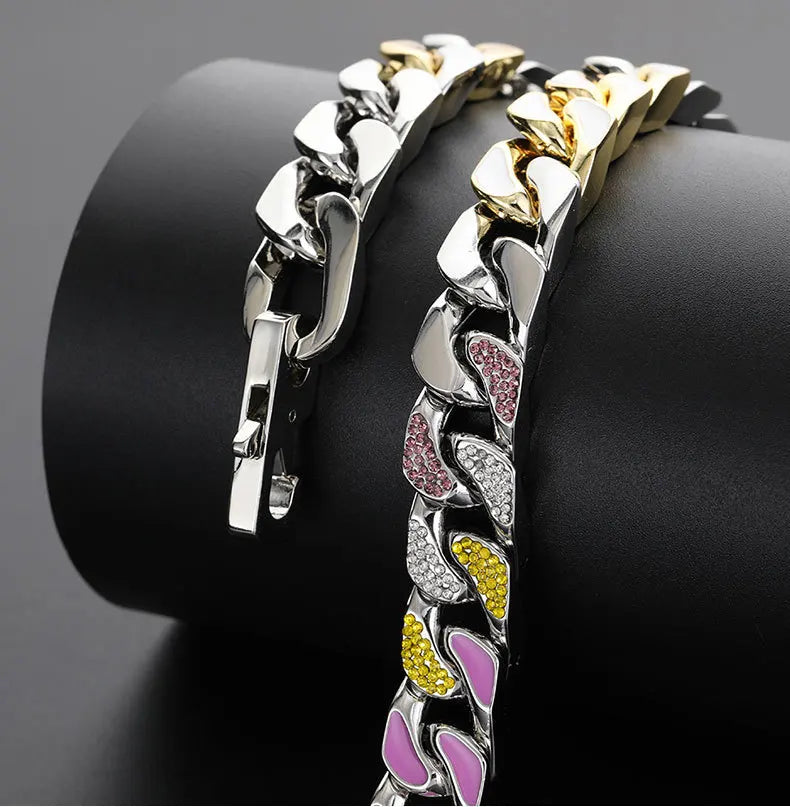 Stainless Steel Zircon Cuban Link Necklace with Enamel