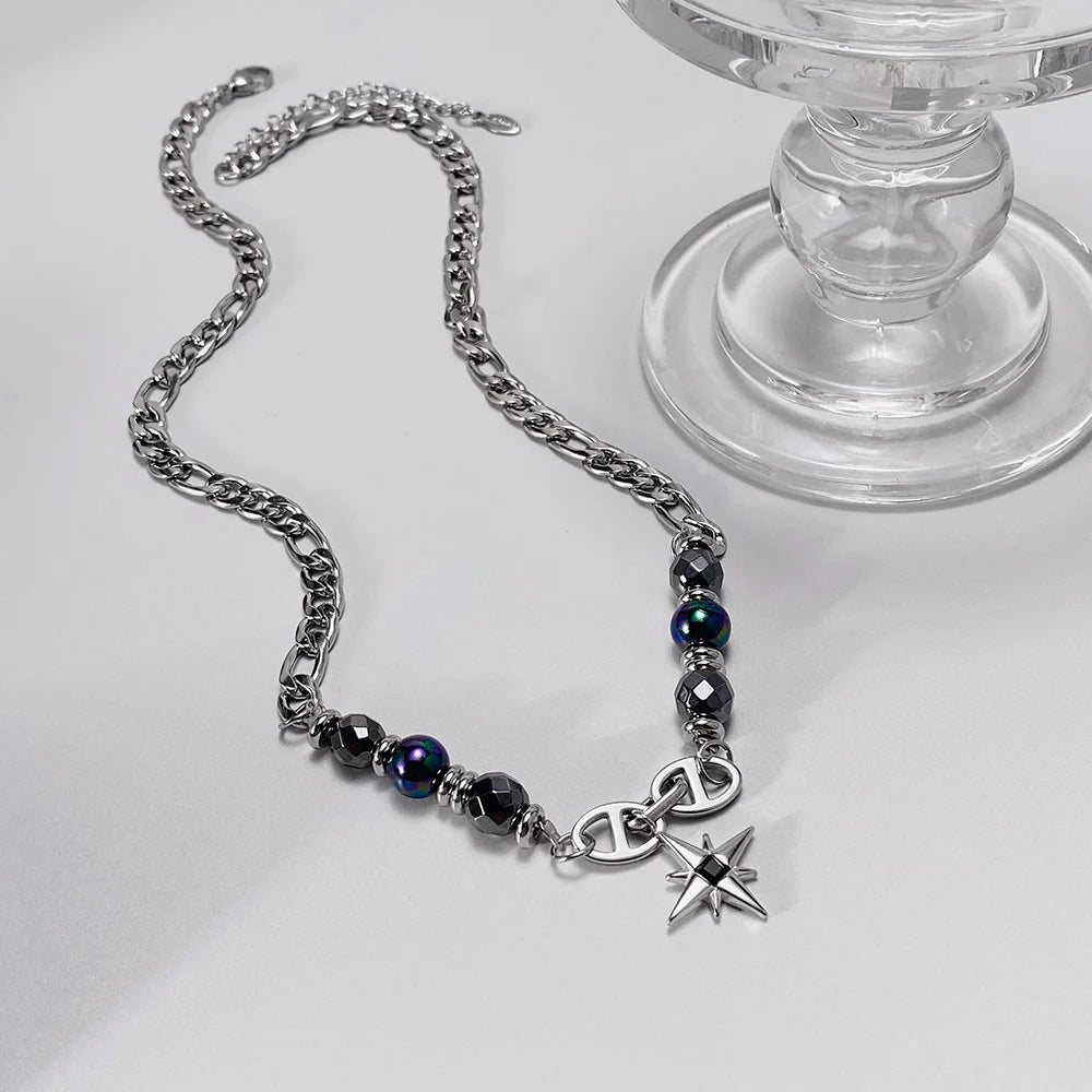 Steel Figaro Chain Necklace with Hematite Star
