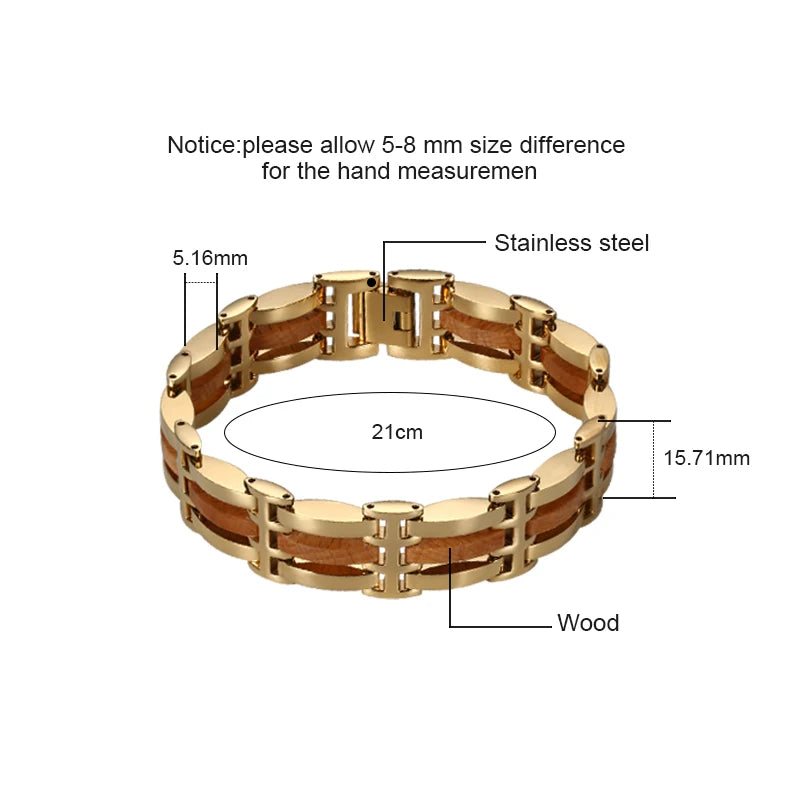 Wood and Steel Link Bracelet in Gold or Black