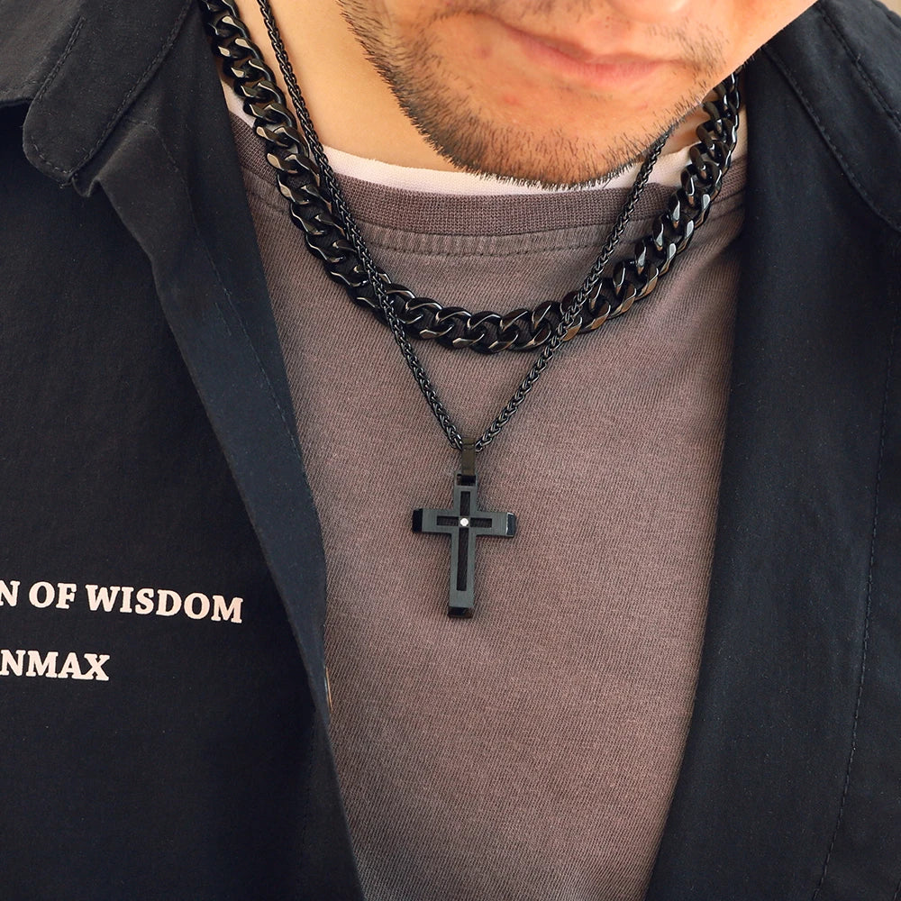 Black Steel Cut-Out Cross Pendant Necklace