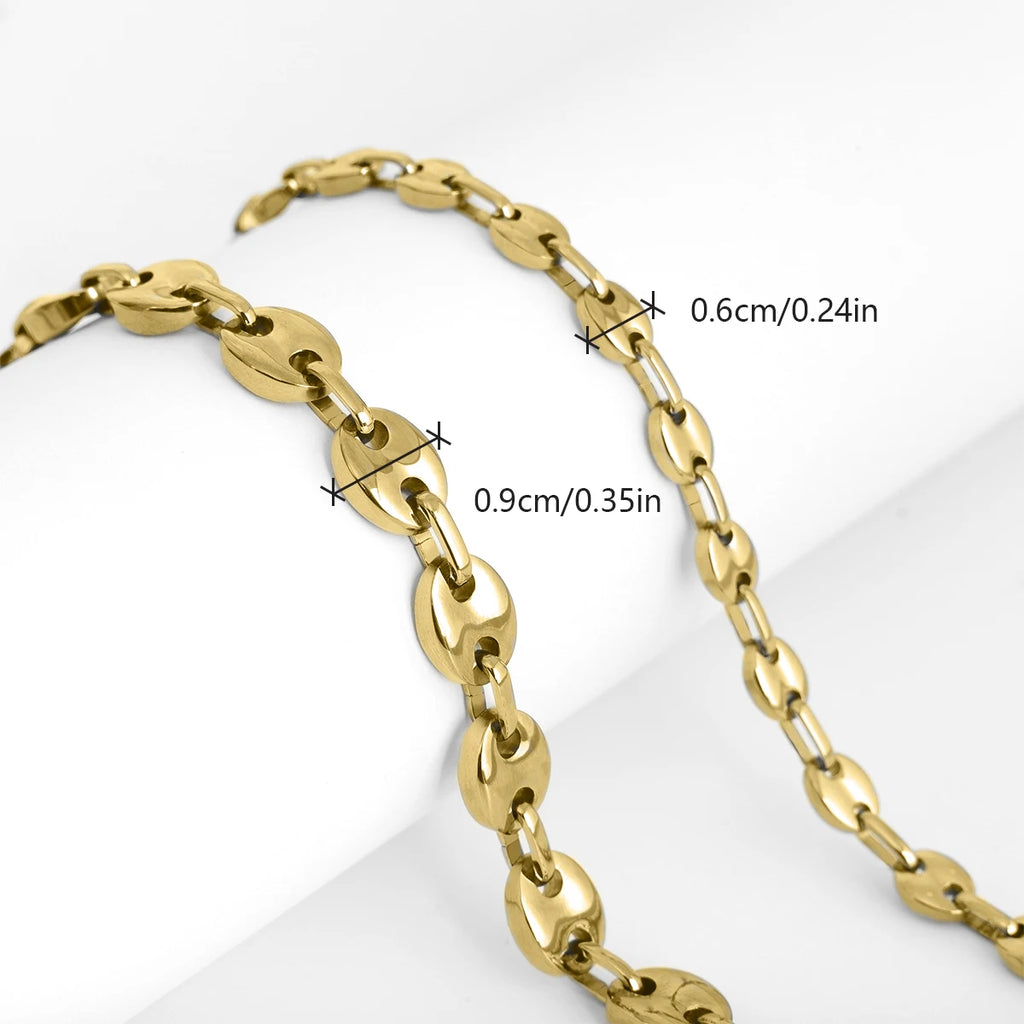Gold Coffee Bean Chain Necklace in Tested Steel