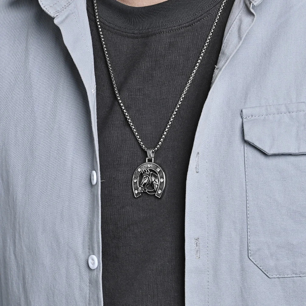 Steel Horseshoe Pendant Necklace with Zircon