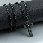 Black Steel Cut-Out Cross Pendant Necklace
