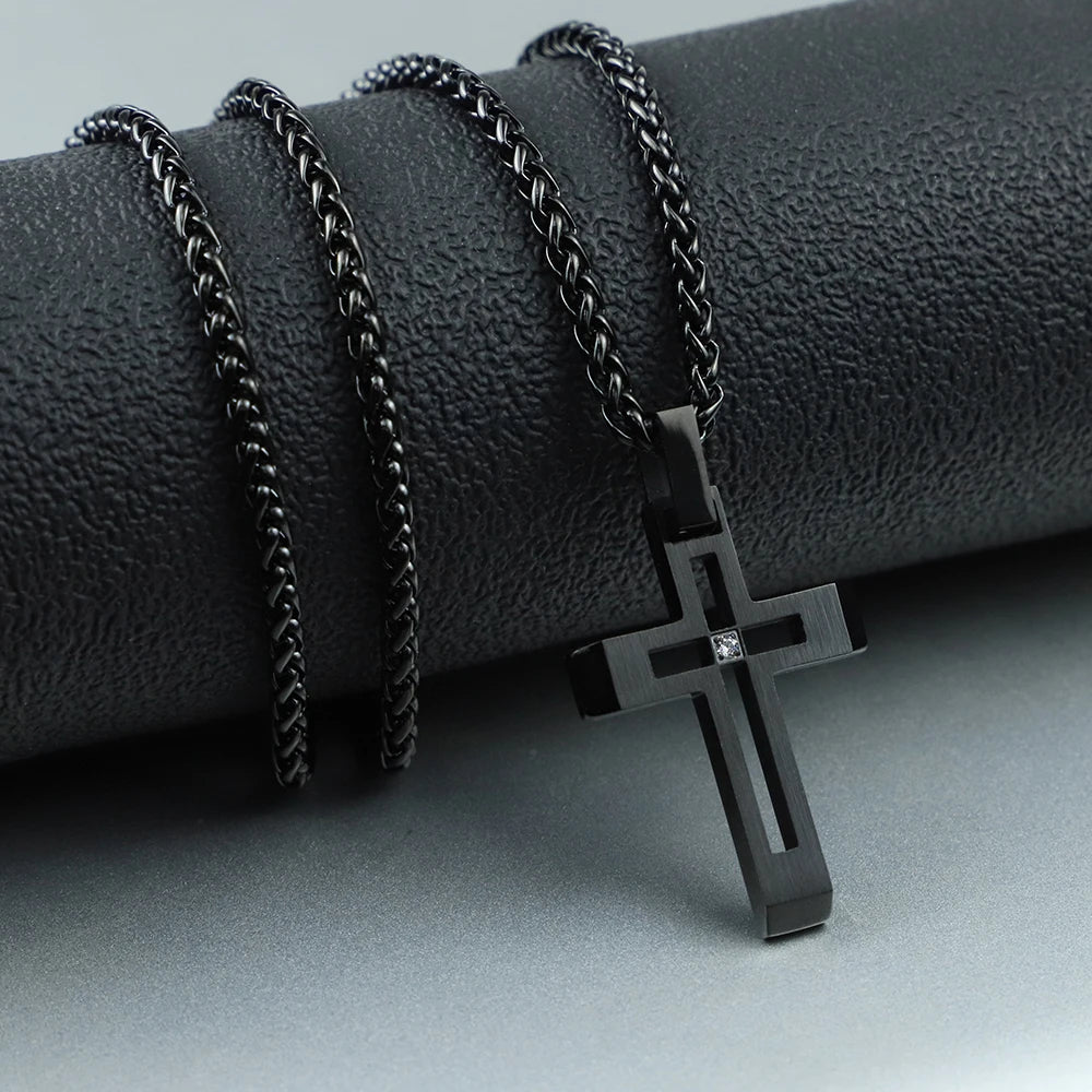 Black Steel Cut-Out Cross Pendant Necklace