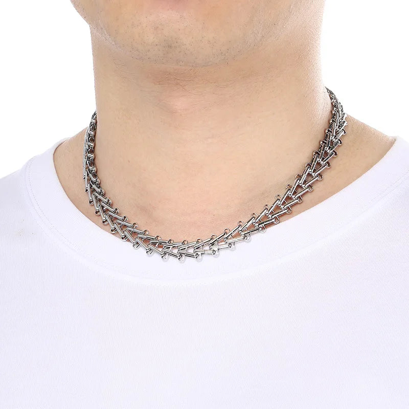 Gold Train Track Link Necklace in Steel