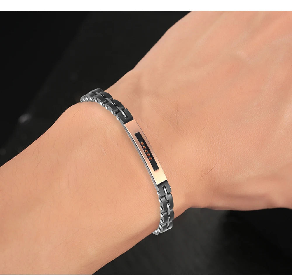 Men's two-tone ceramic and steel bracelet with rose gold plate and red zircon accents