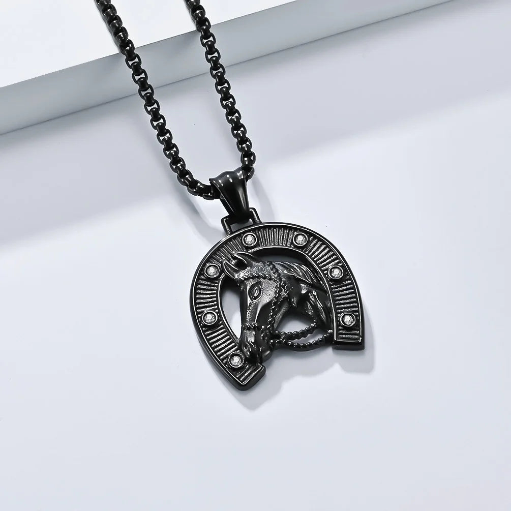 Steel Horseshoe Pendant Necklace with Zircon