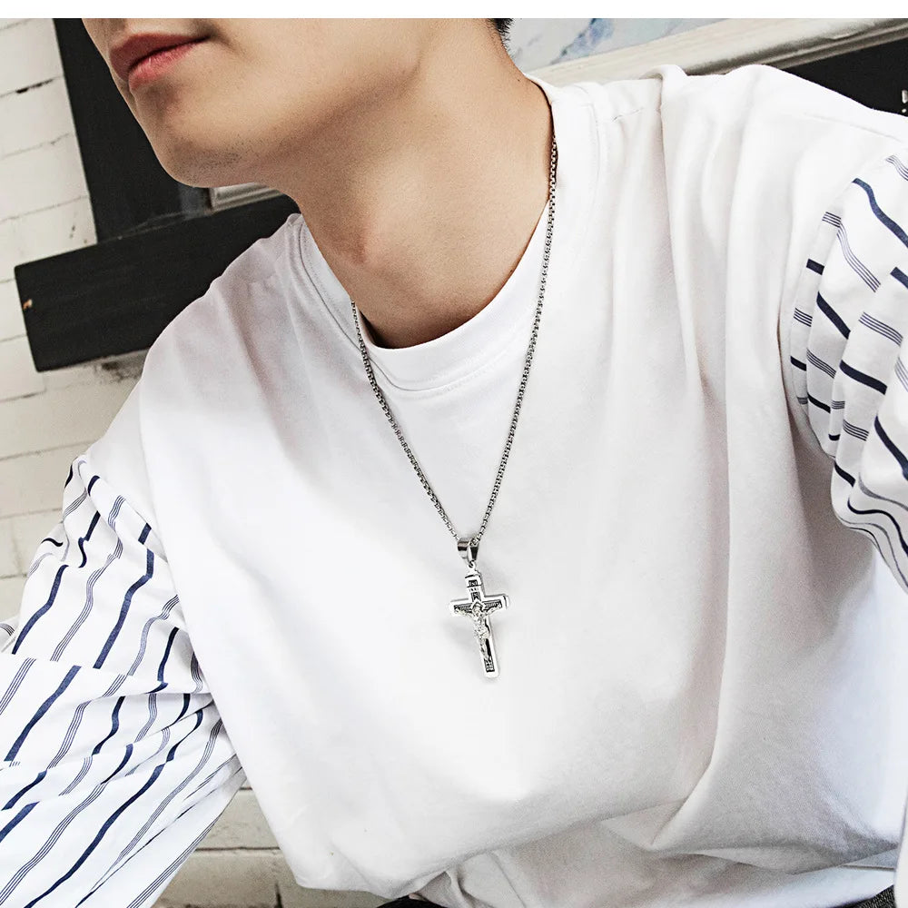 Two-Tone Crucifix Pendant Necklace in Steel