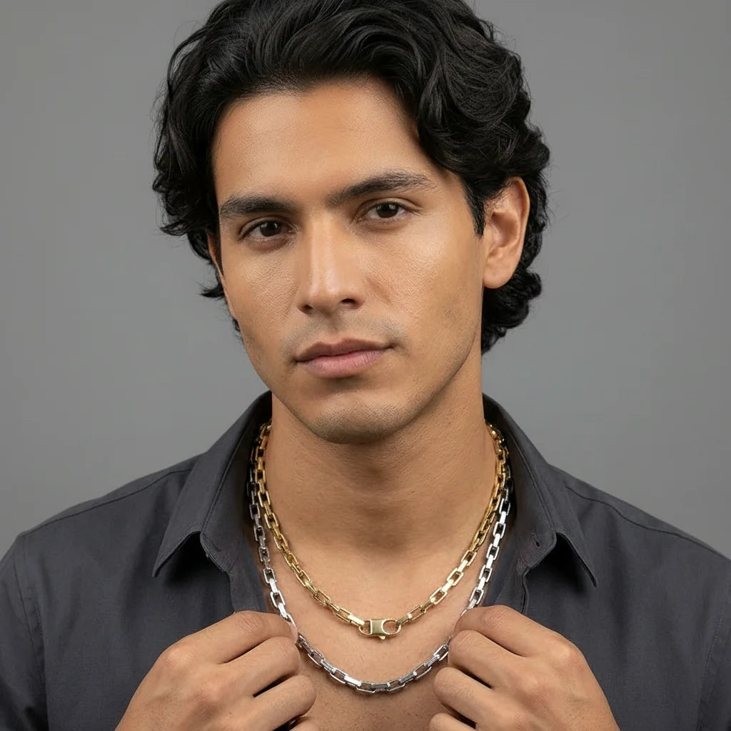 Rectangle Link Chain Necklace in Steel and Gold