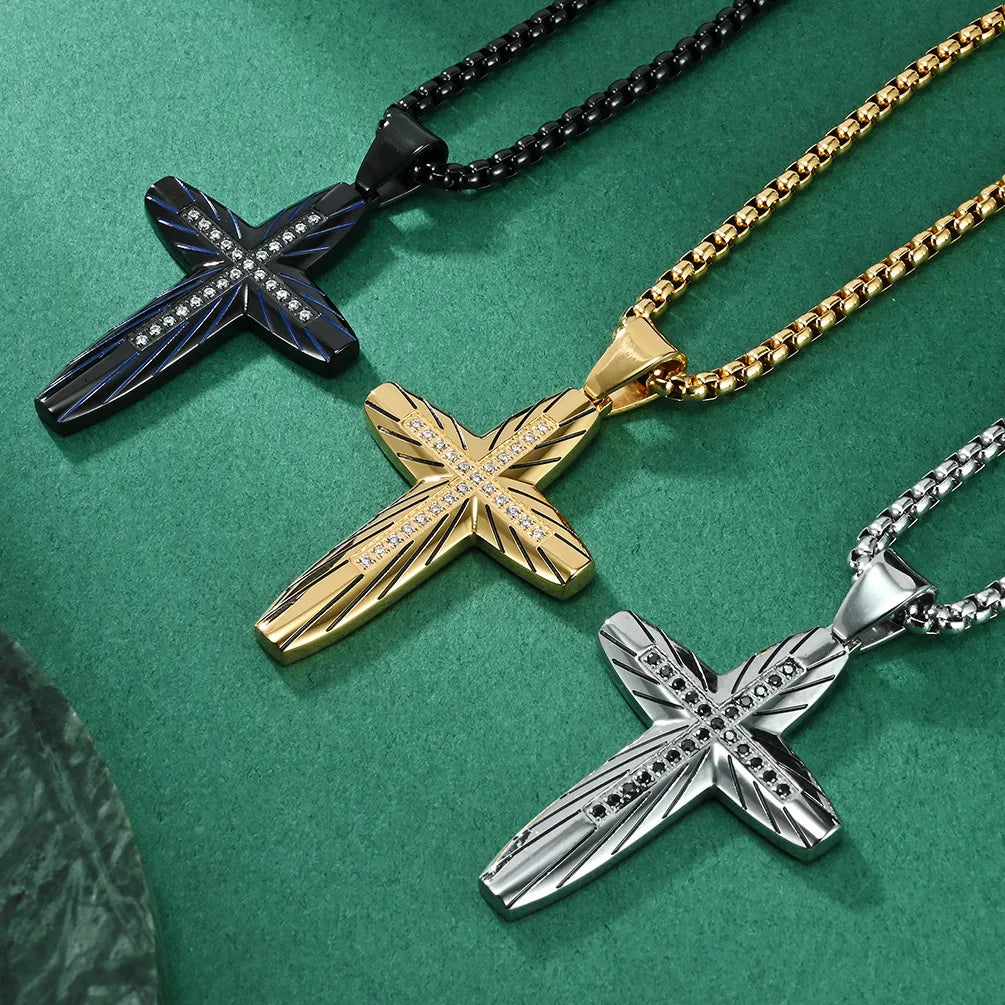 Engraved Arc Cross Zircon Pendant Necklace