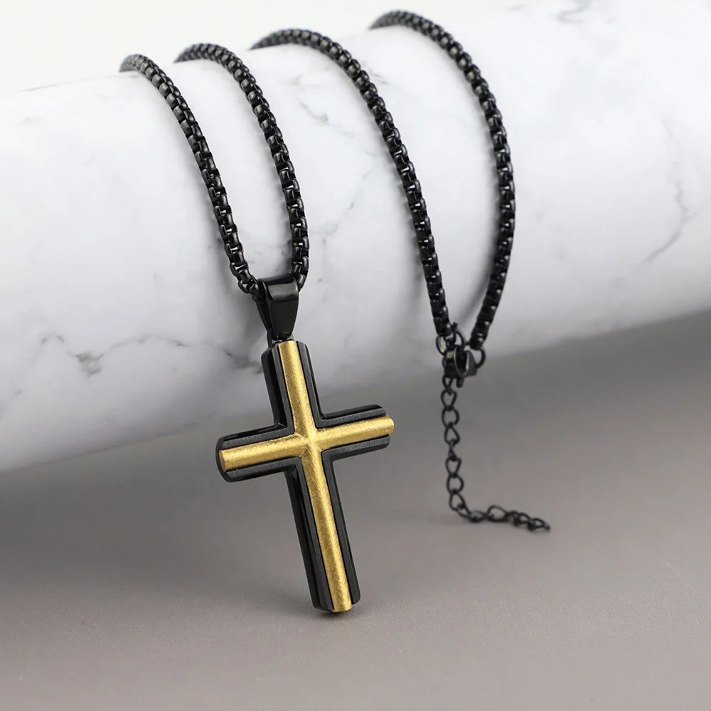 Black & Gold Two-Tone Cross Pendant Necklace