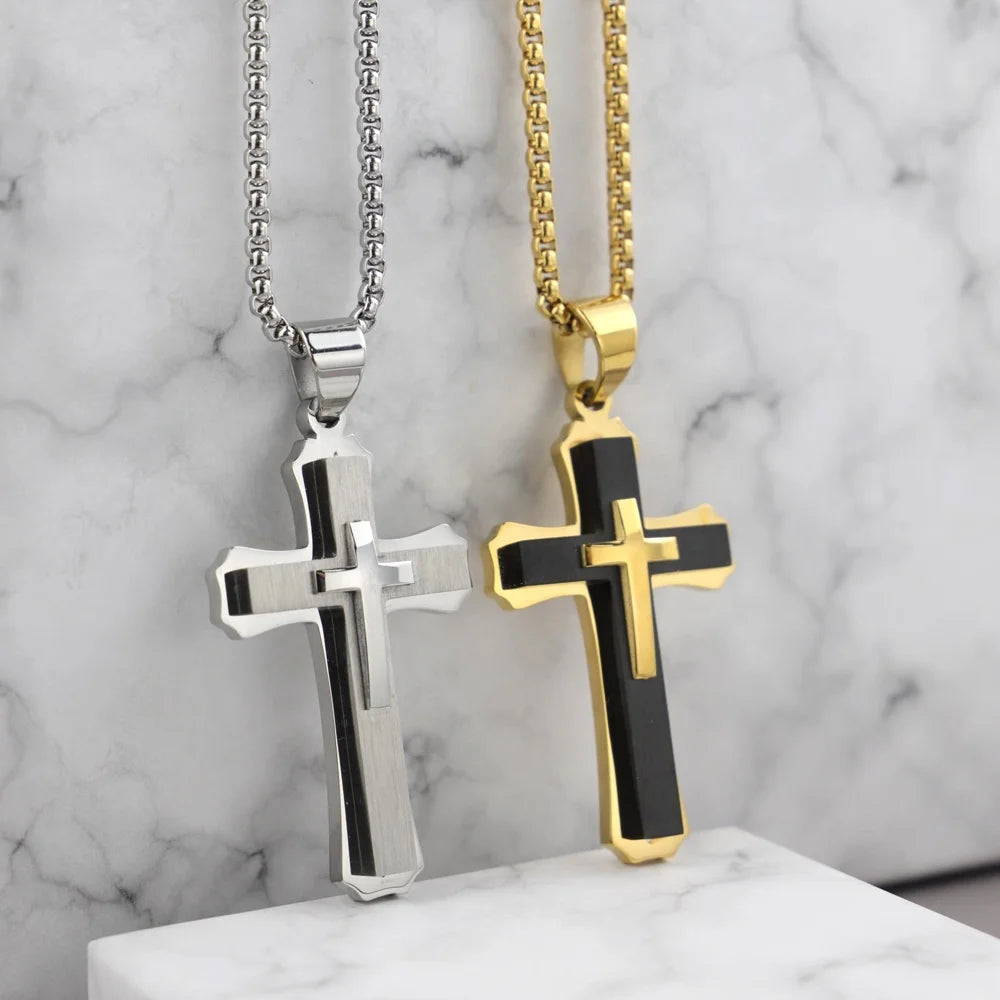 Layered Steel Cross Pendant Necklace
