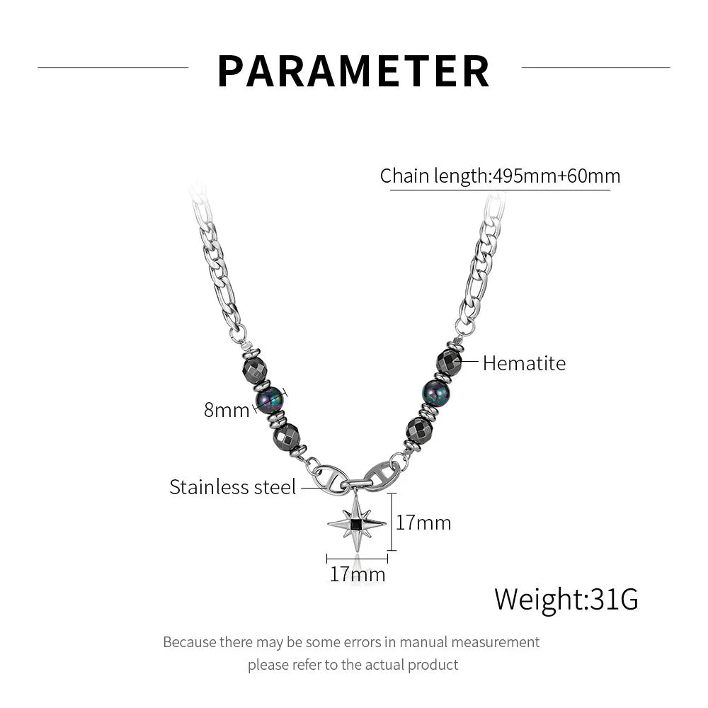 Steel Figaro Chain Necklace with Hematite Star