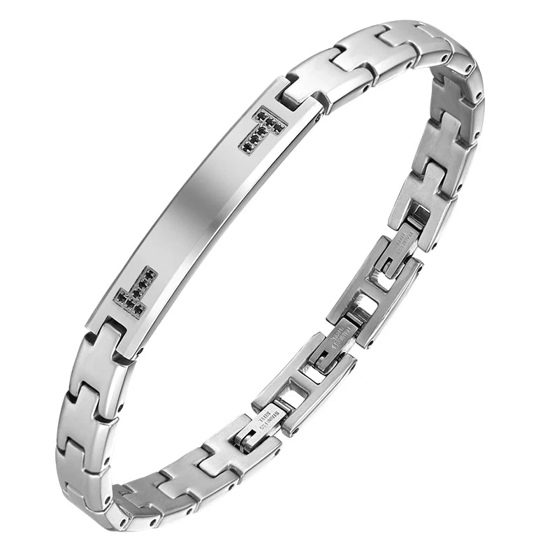 Steel Link Bracelet with Black Zircon
